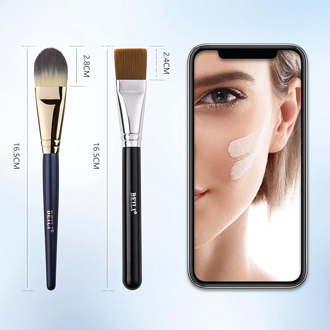 BEILI 2pcs Flat Square Synthetic Foundation Brush for Liquid Cream Facial Mask Concealer Makeup Premium Soft Synthetic Contour Brush for Blending Liquid Cream Foundation Emulsion Cosmetics