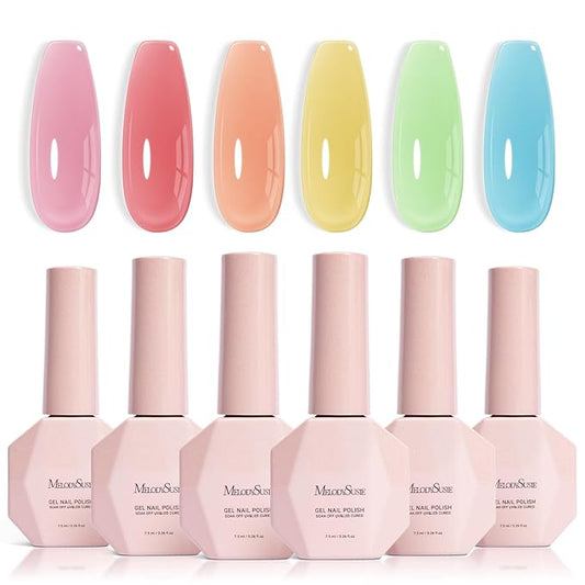 MelodySusie Jelly Gel Nail Polish Set,6 Transparent Colors,Milky or Jelly Texture,Spring and Summer Macaron Colors Soak Off UV LED Light Cure or Salon Manicure and Nail Art DIY at Home