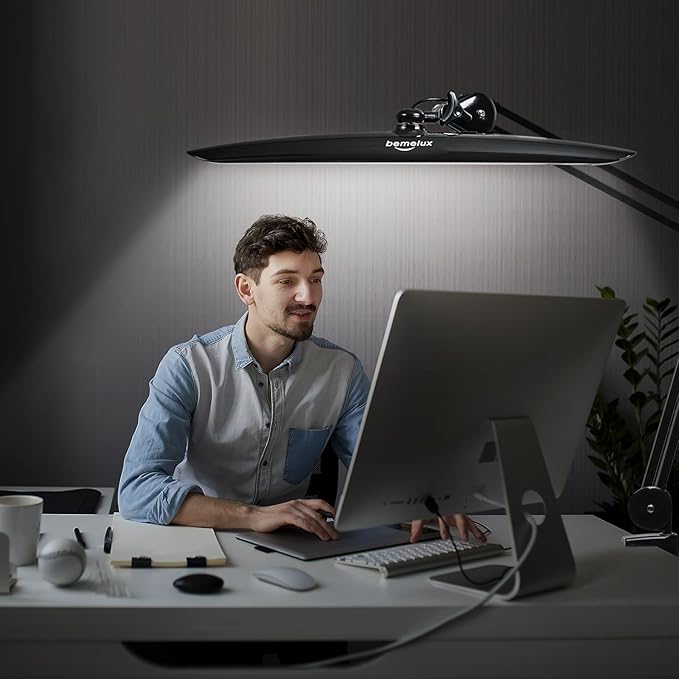 24W LED Desk Lamp with Clamp, 5 Dimming Modes, 5 Color temperatures up to 6000K, 2200 Lumens High Brightness Working Lamp with 182 Pcs LED(Black, CCT)