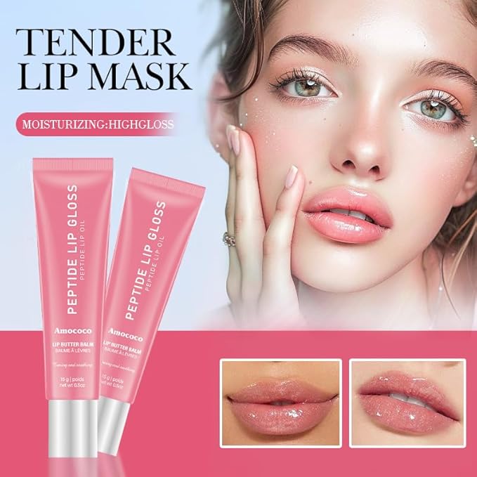 Peptide Lip Gloss Balm for Moisture & Shine, Hydrating Lip Butter Balm with Hyaluronic Acid & Shea Butter, 0.5oz (02# & 05#)