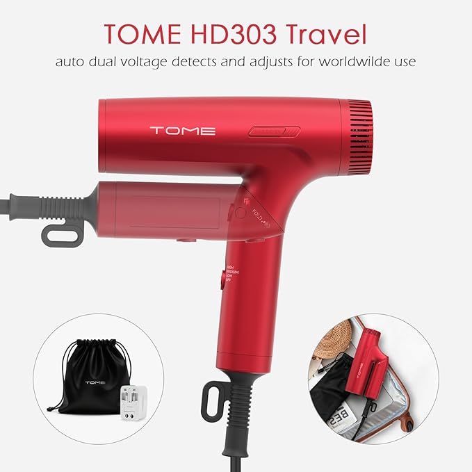 TOME 1200W Hair Dryer Travel Dual Voltage 120V/240V Foldable Blow Dryer with Diffuser Comb Nozzle Storage Bag Universal Power Adapter (Red)