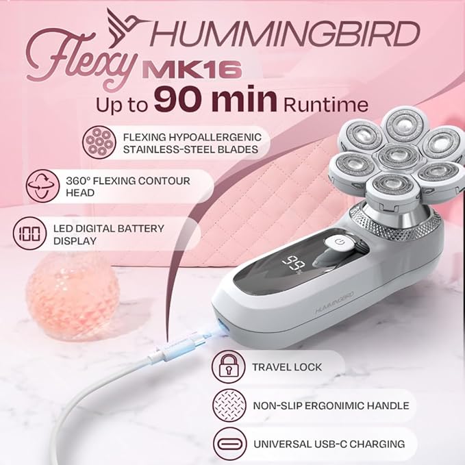 HUMMINGBIRD Flexy Electric Razors for Women – Cordless Rechargeable Waterproof Electric Leg Shaver for Silky Smooth Legs, Hair Removal Kit, Exfoliator, Cleanser, Travel Case & Bikini Trimmer for Women