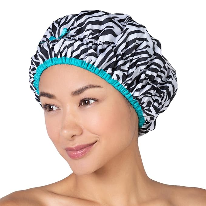Reusable Shower & Bath Cap & Lined, Oversized Waterproof Shower Caps Large Designed for all Hair Lengths with PEVA Lining & Elastic Band Stretch Hem Hair Hat - Fashionista Sassy Stripes