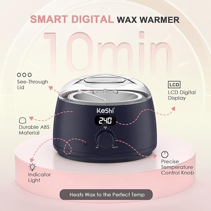 KeShi Waxing Kit for Women and Men, Digital Wax Warmer with 6 Bags Hard Wax Beads, at-Home Hair Removal Wax Kit for Full Body, Face, Eyebrow, Bikini, Legs, Brazilian & Sensitive Skin(Deep Sea)