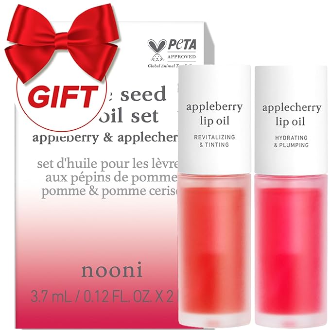 NOONI Korean Lip Oil Set - Appleberry & Applecherry | Long-Lasting, Moisturizing, Plumping, Revitalizing for Dry Lips, Waterproof, No Peel Off, Stocking Stuffers, lip plumper 0.12 FL Oz x 2ea