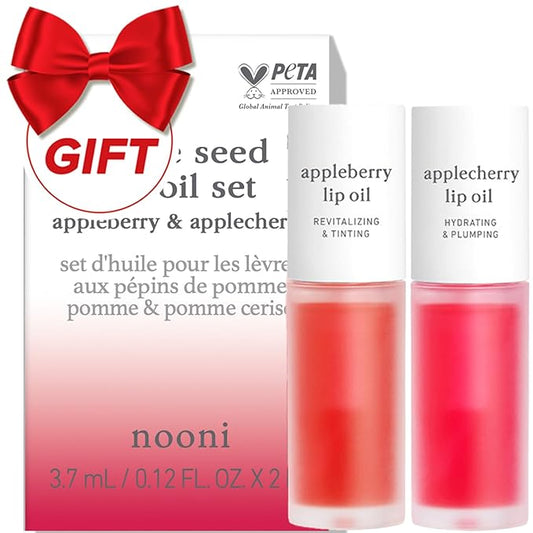 NOONI Korean Lip Oil Set - Appleberry & Applecherry | Long-Lasting, Moisturizing, Plumping, Revitalizing for Dry Lips, Waterproof, No Peel Off, Stocking Stuffers, lip plumper 0.12 FL Oz x 2ea