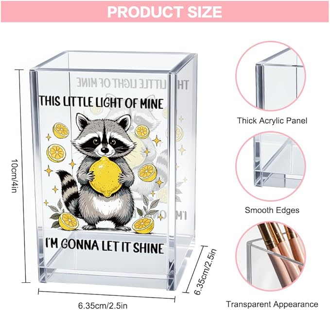This Little Light Of Mine I'm Gonna Let It Shine Acrylic Cosmetic Pencil Pen Holder Cup, Funny Raccoon Lemon Pen Holder Cup, Raccoon Lover Gifts, Mental Health Gifts for Women Colleague Teacher