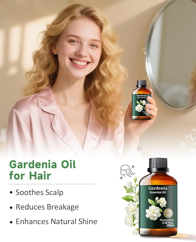 Gardenia Essential Oil Pure, Mumianhua Natural Gardenia Oil for Reed Diffuser, Air Freshener, Skin, Hair, Laundry & Women's Perfume, Candles Making 3.38 Fl Oz