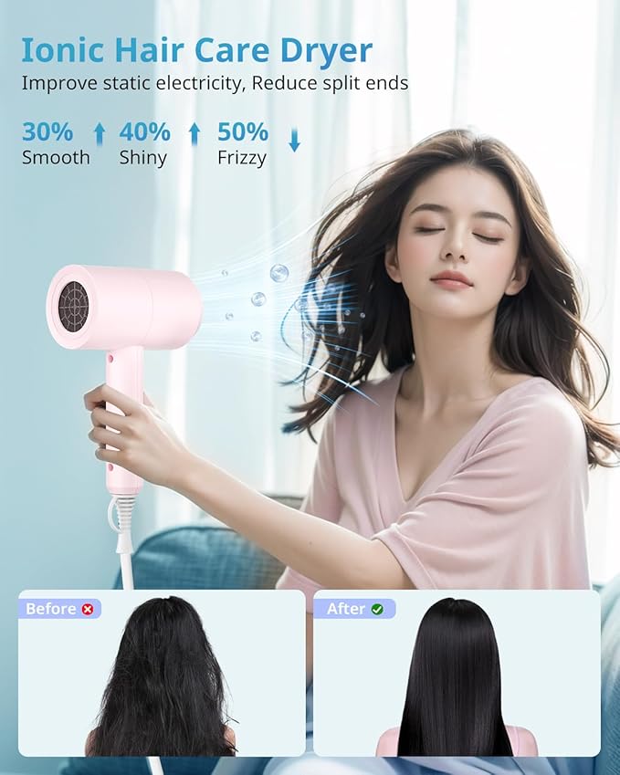 SHRATE Lightweight Ionic Hair Dryer with Diffuser - Powerful 1800W Blow Dryer for Fast Drying - Professional Low Noise Mini Hair Dryer for Travel, Gifts, Hair Styling