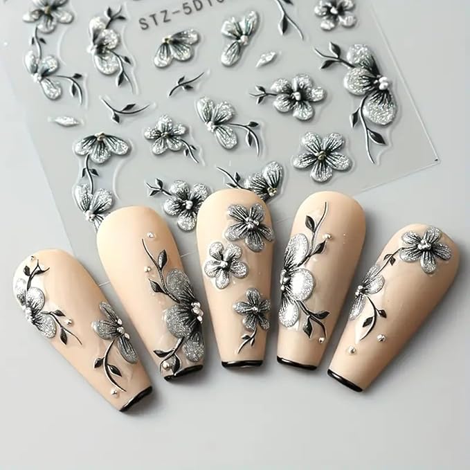 Flower Nail Art Stickers Decals 5D Embossed Flowers Nail Decals Nail Art Supplies Watercolor Ink Floral Leaf Petal Design Summer Nails Adhesive Sliders Flower Stickers for Women Nail Art Decorations