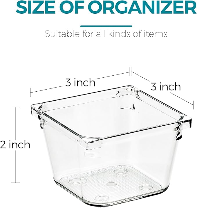 4 Pack Drawer Organizer - 3" X 3" Clear Acrylic Storage Bins with Non-Slip Pads, Versatile Desk Tray for Makeup, Jewelry, Kitchen, Bathroom, and Office Organization