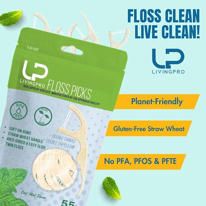 Twin Line Biodegradable Floss Picks (220 Count) - Compostable Tooth Flossers Minty Fresh-Double Thread 2X The Clean | Bonus Travel Case | Thing Thread Glide Easy & Shred-Resistant