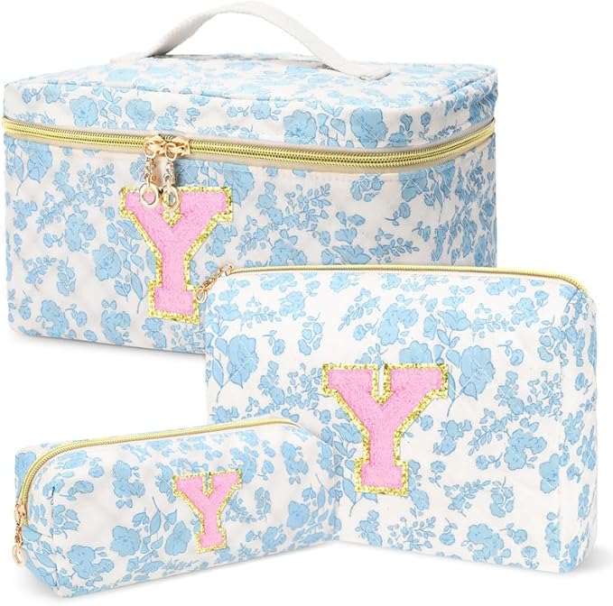 3 PCS Travel Makeup Bag Set,A-Z Initials Cotton Make up Bag Floral Quilted Cosmetic Bag for Girls and Women,Personalized Christmas Gifts,Cute Toiletry Travel Accessories Brushes Bags-Y