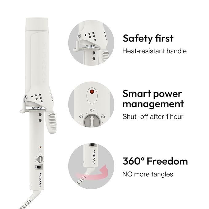 VODANA Professional GlamWave Ceramic Curling Iron, Long-Lasting Natural Curls, Instant Heat, Hair Curler, Curling Wand, Available in USA (1.4 inch, Ivory)