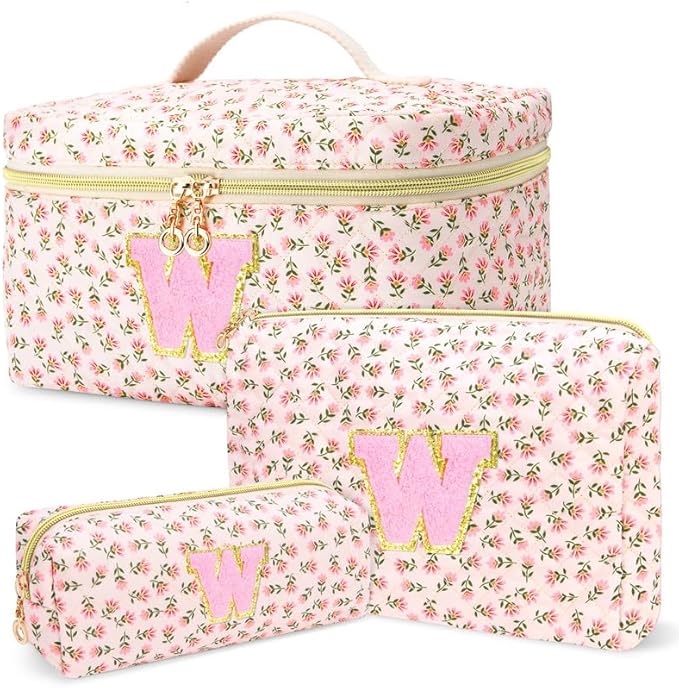3 PCS Travel Makeup Bag Set,A-Z Initials Cotton Make up Bag Floral Quilted Cosmetic Bag for Girls and Women,Personalized Christmas Gifts,Cute Toiletry Travel Accessories Brushes Bags-W