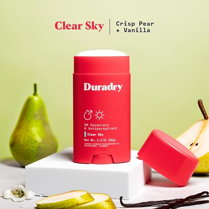 Duradry Clinical-Strength Antiperspirant Deodorant for Women and Men – Clean Formula with Natural Ingredients for Odor and Excessive Sweat Protection – Clear Sky (Crisp Pear + Vanilla)