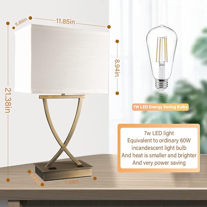 3-Way Dimmable Touch Control Medium Table Lamp with Type C/USB Charging Port and 1 AC Outlet White Shade 21.38" Bedside Nightstand Lamp for Bedroom Living Room Office and Hotel Bulb Included