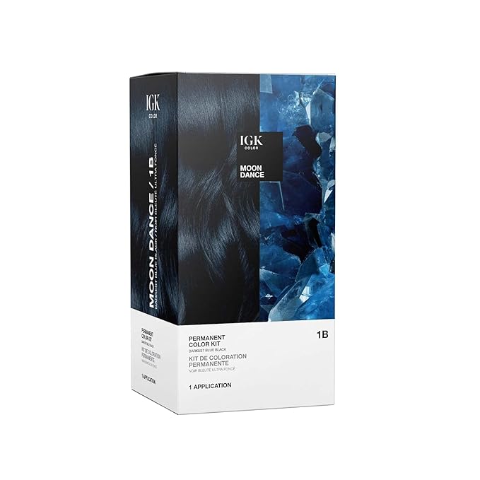 IGK Permanent Hair Dye Color Kit | 1B Moon Dance - Darkest Blue Black | 100% Gray Color Coverage + Strengthen + Shine | Ammonia Free