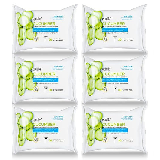 Epielle Cucumber Makeup Remover Wipes, Gentle Daily Facial Cleanser Towelettes, Remove Dirt, Oil & Waterproof Mascara, Stocking Stuffers, Thanksgiving Essentials, 30 Count (Pack of 6)