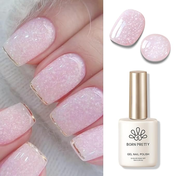 Born Pretty Jelly Gel Nail Polish, Shimmer Glitter Snow Jelly, Milky Pink Translucent Natural Nail Polish, Manicure Salon DIY for Women Girls 15ML