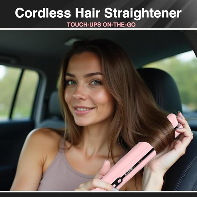 9600mAh Cordless Flat Iron Hair Straightener Rechargeable, Cordless Hair Straighteners for Women, Wireless Straightener for Car, 20 Million Negative Ions, LCD, 6 Adjustable Temp(Pink)