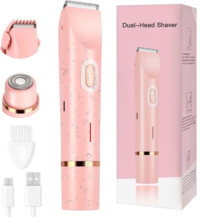 Women's Bikini Trimmer, 2-in-1 Electric Shaver for Bikini Line, Legs, Underarms, Face - Waterproof Women's Electric Shaver for Sensitive Skin, USB Rechargeable (Pink)