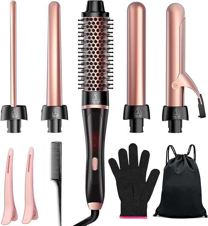5 in 1 Curling Iron, Hair Curling Wand Set Thermal Brush 4 Interchangeable Ceramic Curling Wands (0.5'-1.8') Fast Heat Up Dual Voltage Christmas Birthday Hair Tool Gifts for Women Travel