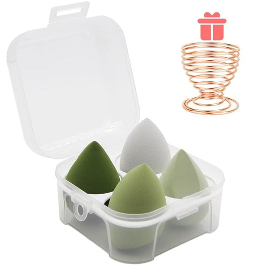 Makeup Sponges Set - Beauty sponges Blending Blenders with 1 Holder and Egg Case, Flawless for Cream, Powder and Liquid (Green, 4Pcs+1Holder+ case)