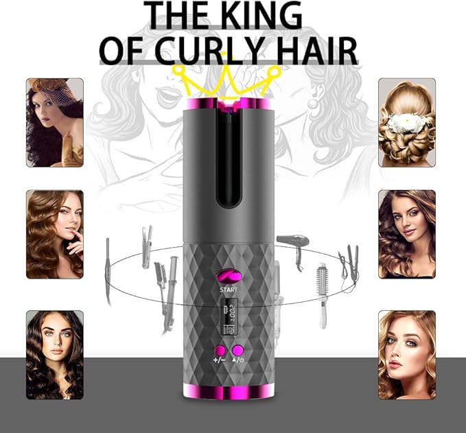 Automatic Curling Iron, Hair Curling Iron for Hair Styling, Cordless Auto Hair Curler, with 6 Temps and Timers, Auto Shut-Off, Fast Heating, Rechargeable Cordless Hair Curler 1 (Gray)