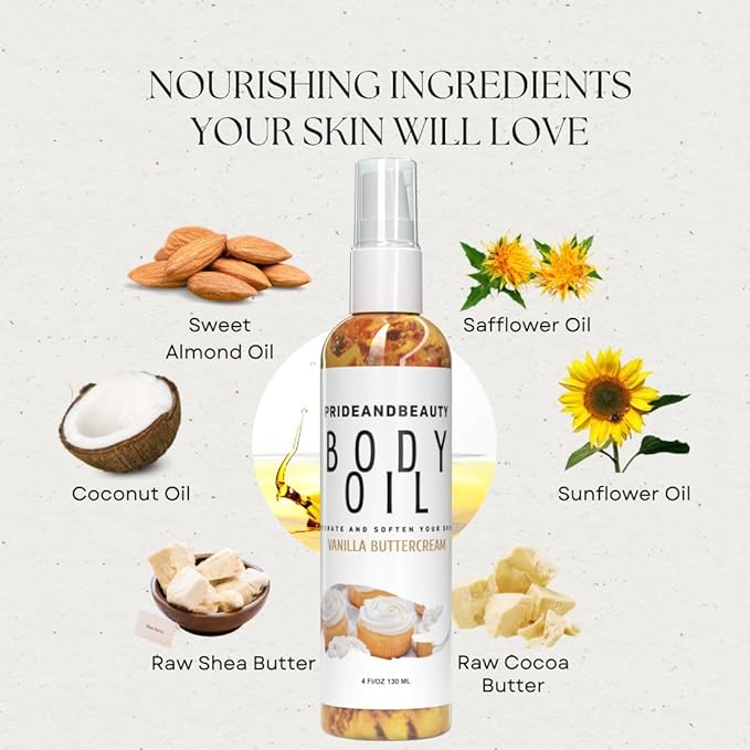 PrideandBeauty After Shower Oil. Skin Hydrating Oil. Body Oil Scented. Body Oils For Women Dry Skin. (Vanilla Buttercream) (4 OUNCES, Vanilla Buttercream)