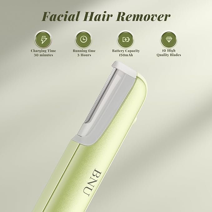 BNU Dermaplane Razor for Women, Face Razor for Women with 10 Replaceable Blades - Face Exfoliation Razor - Body Peach Fuzz Removal - Eyebrow Shaper - Sonic Edge Technology Dermaplaning Tool - Green