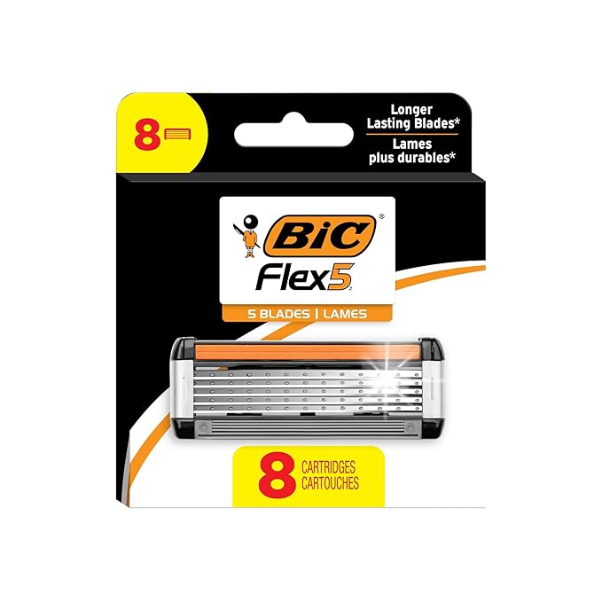 BIC Flex 5 Refillable Razors for Men, Long-Lasting 5 Blade Razors Refills for a Smooth and Comfortable Shave, 8 Razor Cartridges