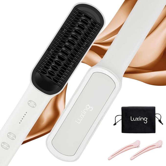 Hair Straightener Brush, Luxing PuraLux Straightener Comb, Fast Heating Hair Straightening Comb, 5 Temp Settings & Anti-Scald with Ceramic Coating, Professional Styling Tools (Pearl White)