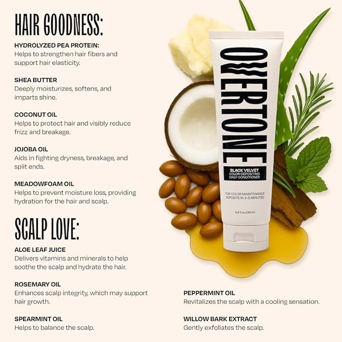 Overtone Daily Color Depositing Conditioner, Black Velvet, 4.5 oz, Hydrating, Damage-Free Temporary Hair Color for All Hair Types with Shea Butter & Coconut Oil, Vegan & Cruelty-Free