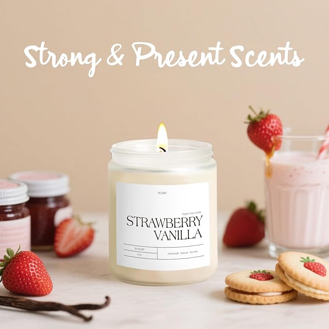 Strawberry Vanilla Highly Scented Candle for Home, 9oz Natural Soy Aromatherapy Non Toxic Candles with Essential Oil, Home Fragrance Stress Relief & Meditation Jar Candles Gifts for Women & Men