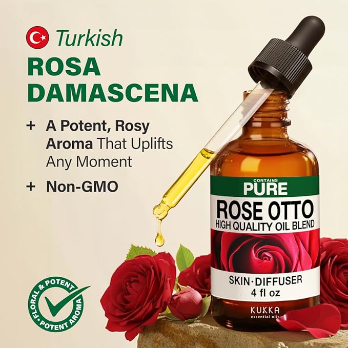 KUKKA Rose Otto Essential Oils - 4 Fl Oz - for Hair, Skin, Diffuser, Aromatherapy & DIY Soap Making Scent