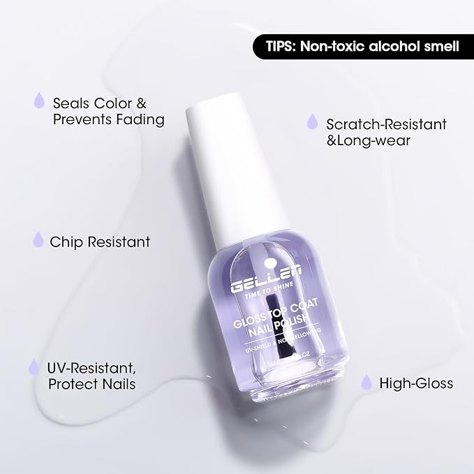 GELLEN Clear Nail Polish Top Coat, High Gloss Shine Top Coat Quick Air Dry UV-Resistant, Long Wear and Scratch Resistant, Chip Resistant, Protects Color & Nails, Non UV Gel, Hema Free, Non-toxic