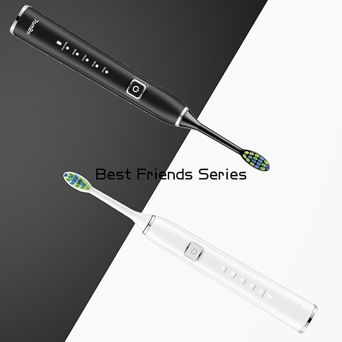 7AM2M Sonic Electric Toothbrush with 6 Brush Heads for Adults and Kids, One Charge for 90 Days, Wireless Fast Charge, 5 Modes with 2 Minutes Built in Smart Timer, Electric Toothbrushes (Black&White)