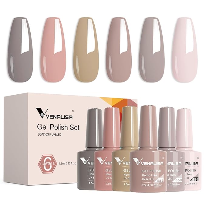 VENALISA Neutral Nude Gel Nail Polish Set, 6 Colors Grey Nude Light Brown Gel Polish UV Gel Soak Off For Nail Salon DIY Home Manicure