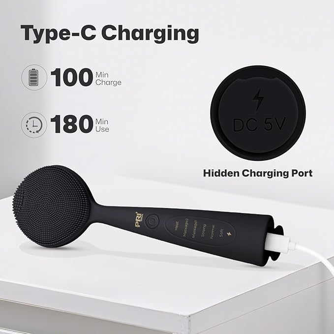 PRITECH Facial Cleansing Brush, Rechargeable Silicone Face Scrubber with Constant-Temperature Heating, Vibrating Exfoliator Scrubber for Deep Pore Cleaning, Waterproof Face Brush for Women & Men-Black