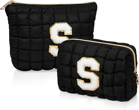 2PCS Initial Checkered Makeup Bag, Large Quilted Cosmetic Bag, Cute Make up Pouch for Purse, Travel Toiletry Storage Bag for Women Preppy Teen Girls Gift Trendy Stuff Gift (Black S)