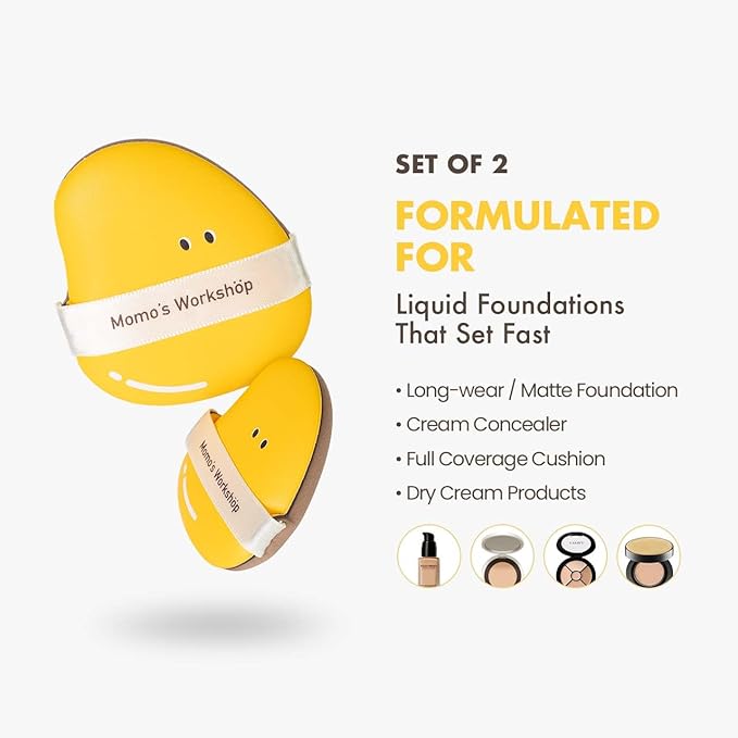 Mango Shape Makeup Sponge 2-Pack (L & M Size), Hydrophilic PU for Dry & Wet Use, Dual-Ended for Full Coverage & Sheer Finish, with Ribbon Grip & Travel Case