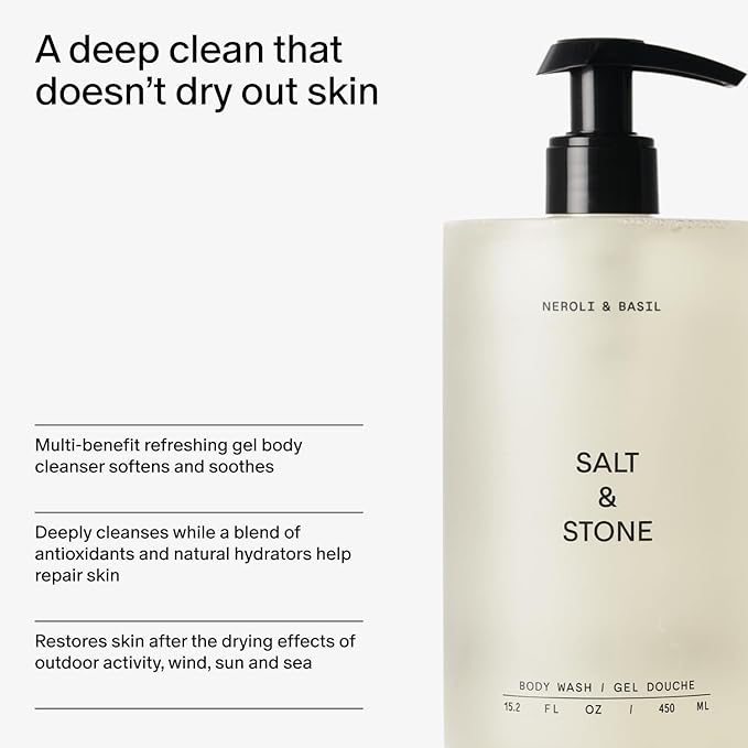 Salt & Stone Body Wash for Women & Men | Neroli & Basil | Hydrating Gel Cleanser | Clean & Soften Skin | Made with Niacinamide & Hyaluronic Acid | Free From Parabens, Sulfates & Phthalates 15.2 fl oz