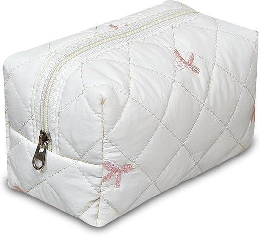 Quilted Makeup Pouch,Cotton Puffy Makeup Bag, Coquette Cosmetic Bag for Women and Girls, Aesthetic Organizer Bag, Cute Flower Travel Toiletry Bag