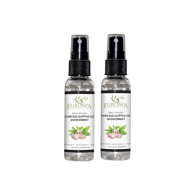 EuroSpa Aromatics Pure Eucalyptus Oil ShowerMist and Steam Room Spray, All-Natural Premium Aromatherapy Essential Oils - Mint Infused, 2oz, 2 Pack