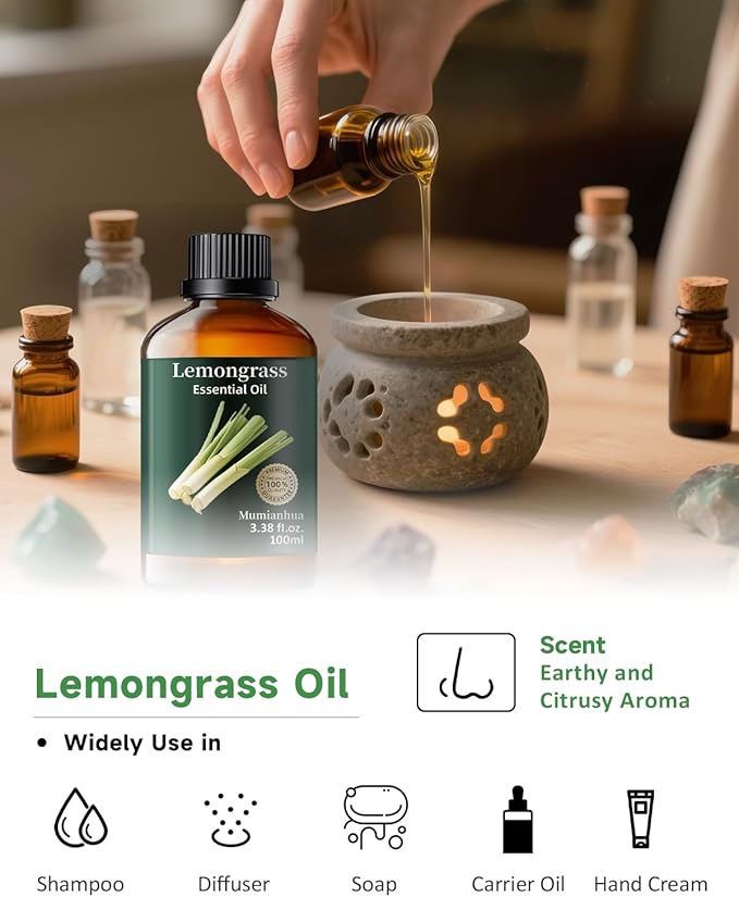 Pure Lemongrass Essential Oil,Mumianhua Natural Lemongrass Oil for Aromatherapy Diffuser, Outdoor Fresh Air, Natural Protective Blends, Skin Care, Hair, Spray, Soap, Candle Making 3.38 Fl Oz