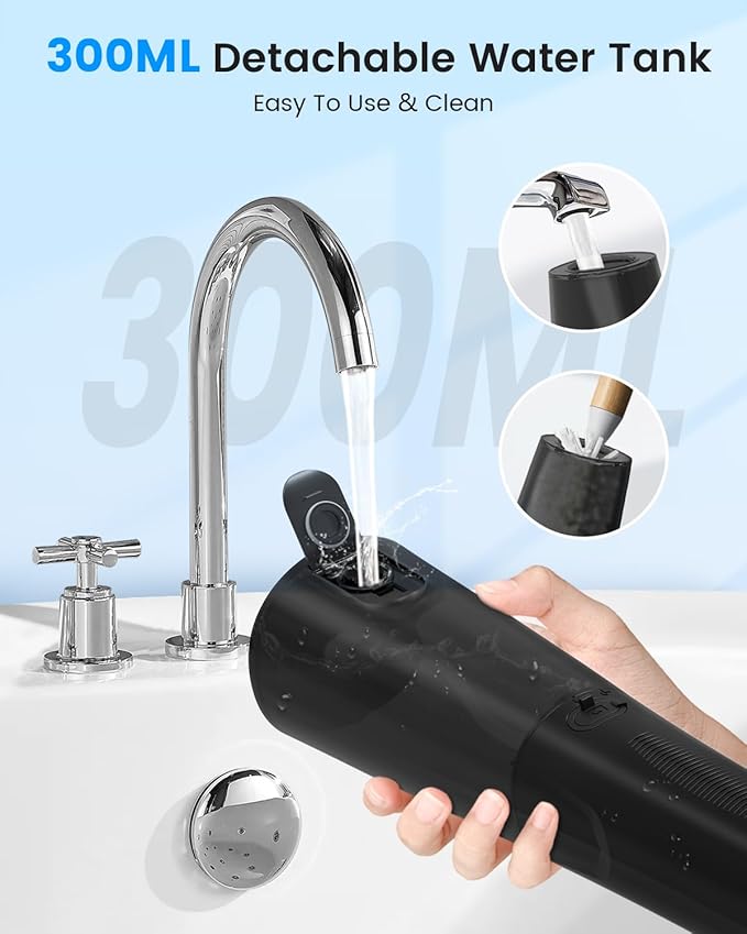Water Flosser, Cordless Water Dental Flosser, 9 Jet Tips 5 Modes 300ML IPX7 Waterproof, Portable Rechargeable Oral Irrigator for Home Travel - Gums, Orthodontic, Braces Care - Black