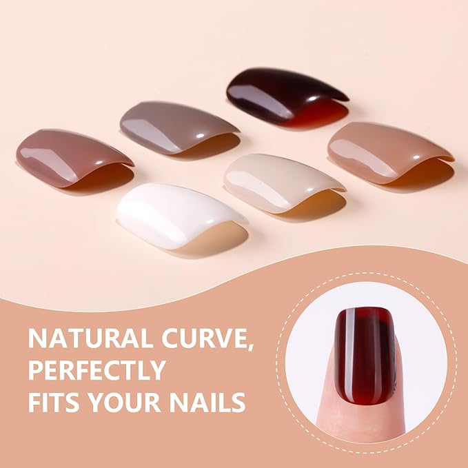 Makartt Press on Nails Kit: Short Deep Neutrals Coffin Tips in 6 Styles 144PCS, Natural Fit with Adhesive Tabs, Glue, and File, Manicure Set for Home Salon
