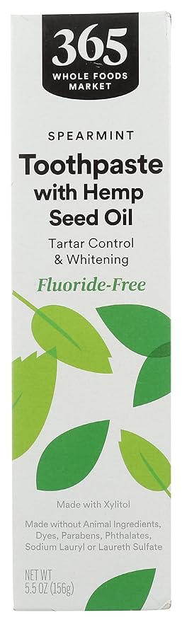 365 by Whole Foods Market, Toothpaste with Hemp Seed Oil, Spearmint, Tartar Control & Whitening, Fluoride-Free, 5.5 Ounce
