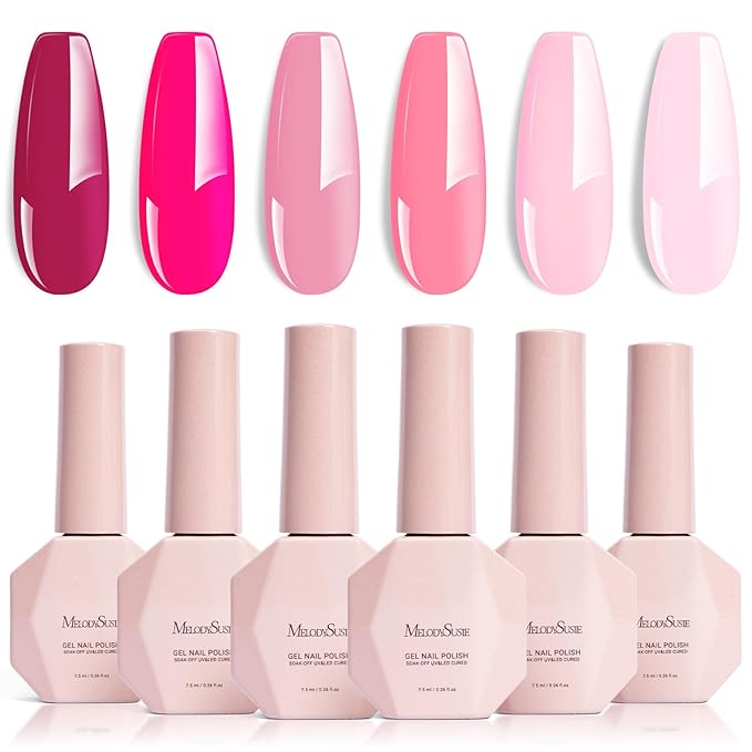 MelodySusie Bright Pink Gel Nail Polish Set - 6 Colors Nude Pink Neon Pink Purple Soak Off UV LED Gel Polish Gift for Women Nail Art Manicure Salon DIY Nail Design Decoration at Home